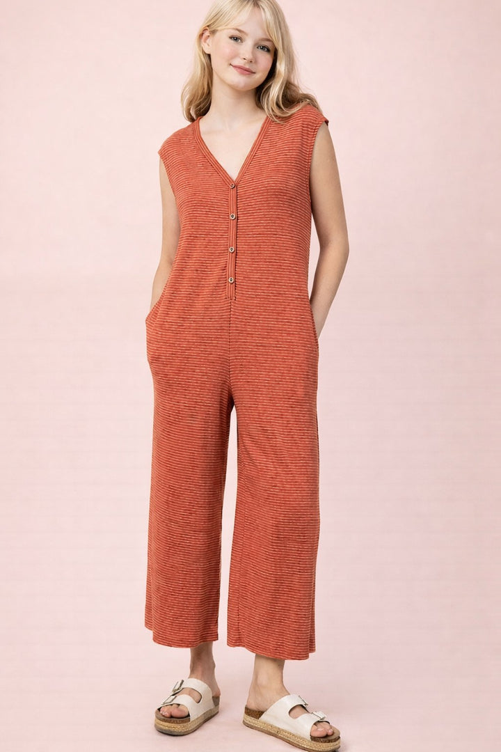 Sweet Summertime Striped Knit Button Down Jumpsuit In Rust