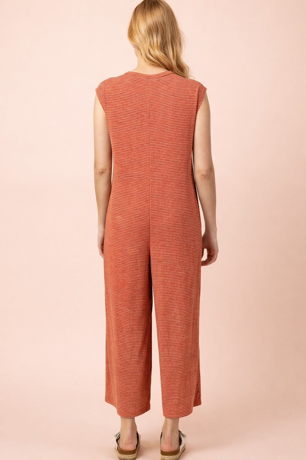 Sweet Summertime Striped Knit Button Down Jumpsuit In Rust
