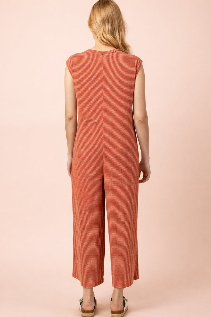 Sweet Summertime Striped Knit Button Down Jumpsuit In Rust