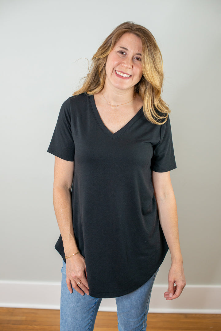 Tell Me More Short Sleeve V-Neck Tee in Black