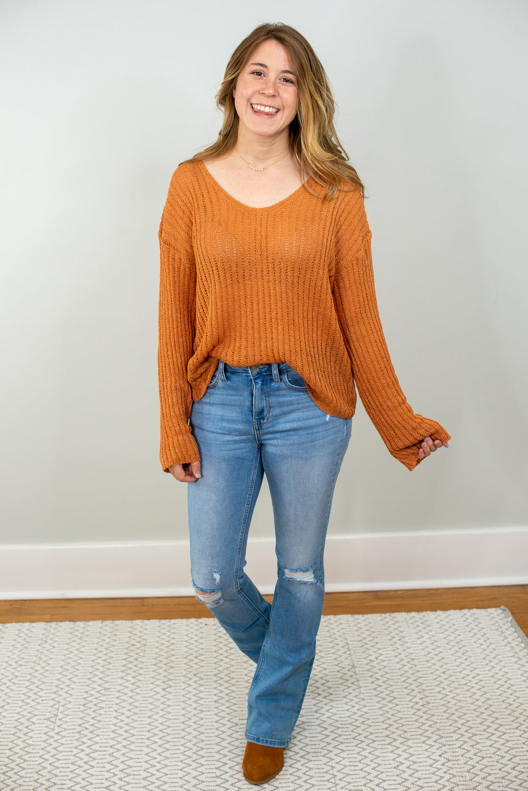 Scoop Neck Ribbed Knit Sweater in Rust