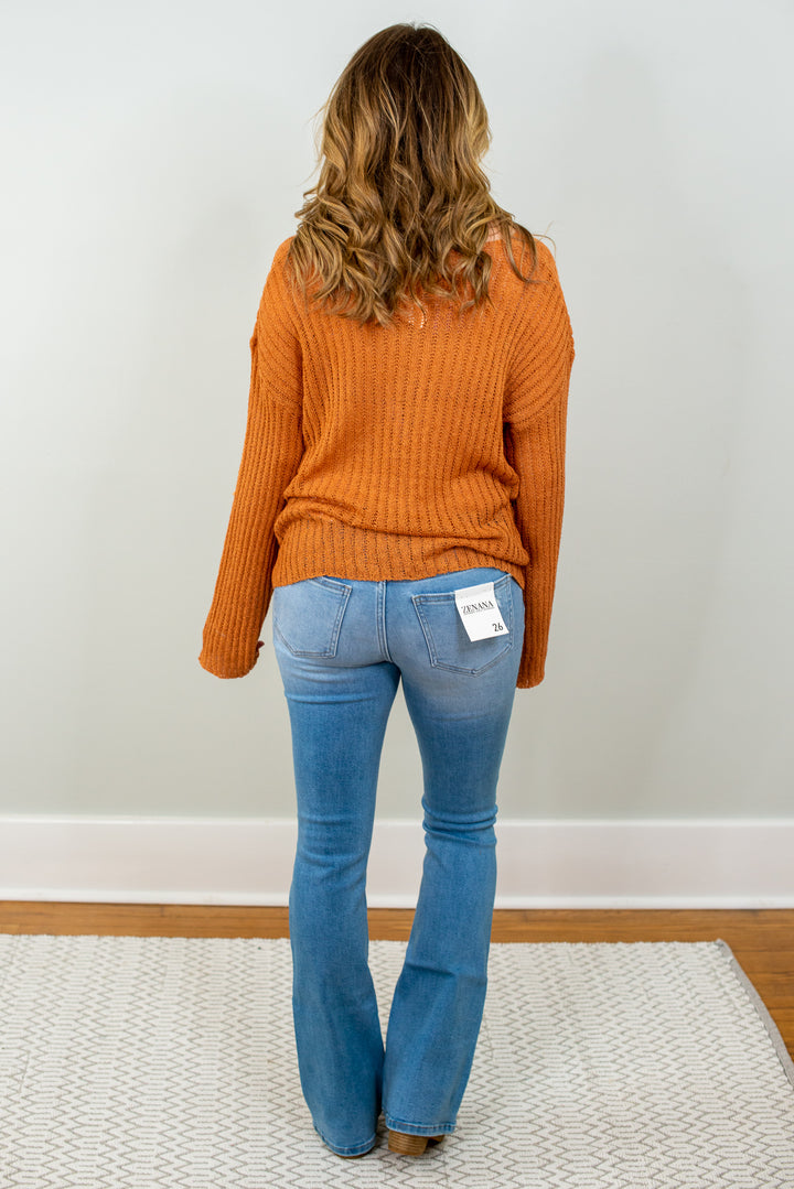 Scoop Neck Ribbed Knit Sweater in Rust