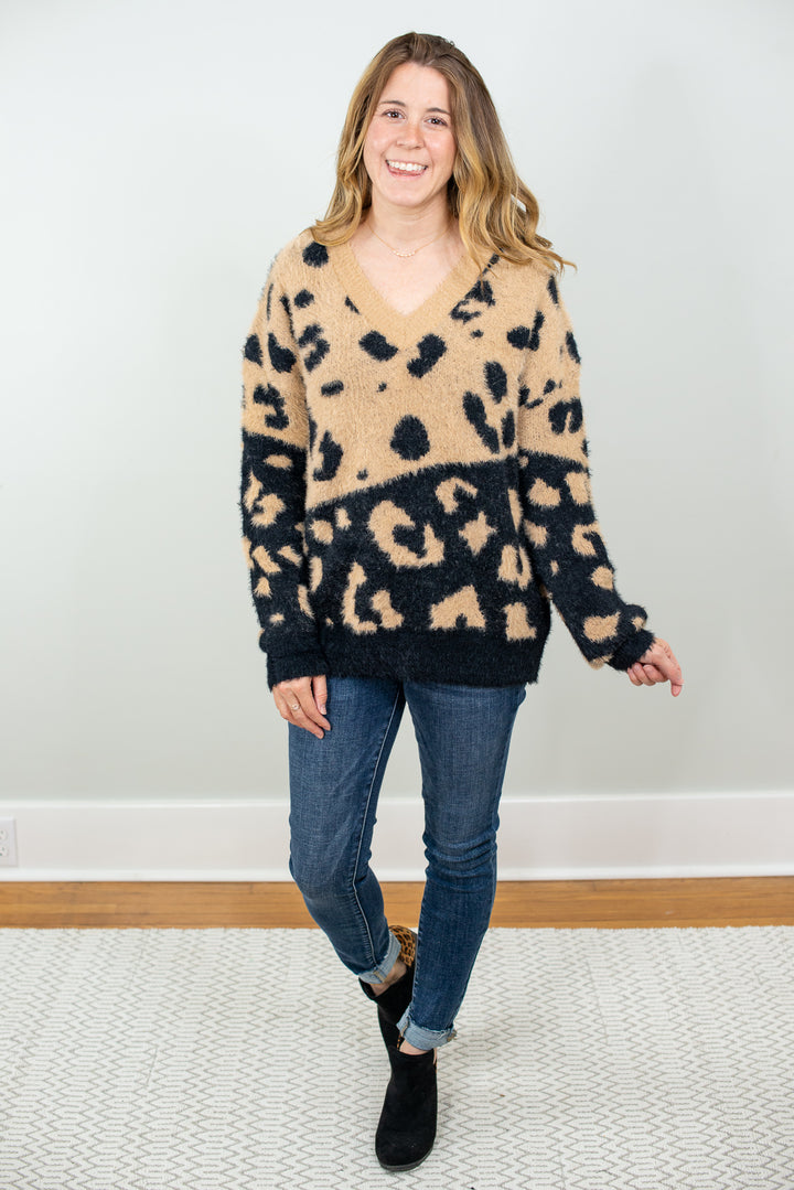 Tell Me Everything Black and Tan Leopard Sweater