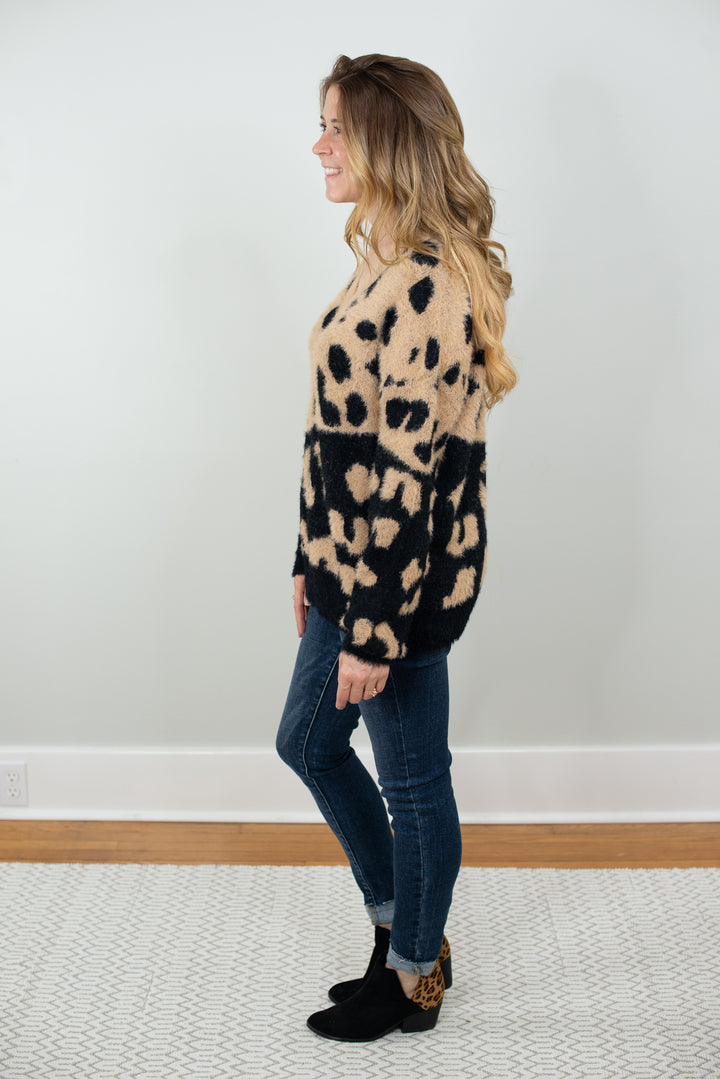 Tell Me Everything Black and Tan Leopard Sweater