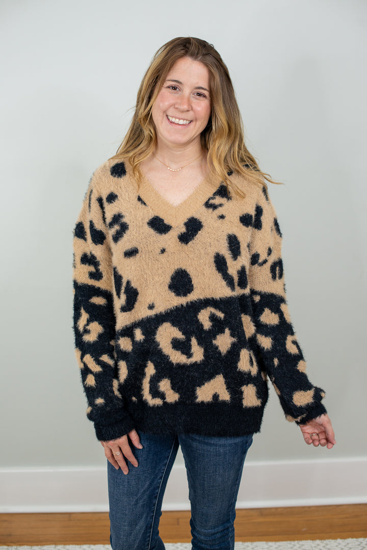 Tell Me Everything Black and Tan Leopard Sweater