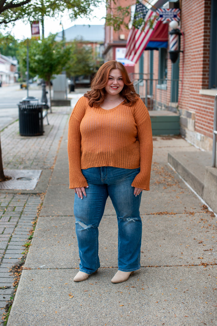 Scoop Neck Ribbed Knit Sweater in Rust