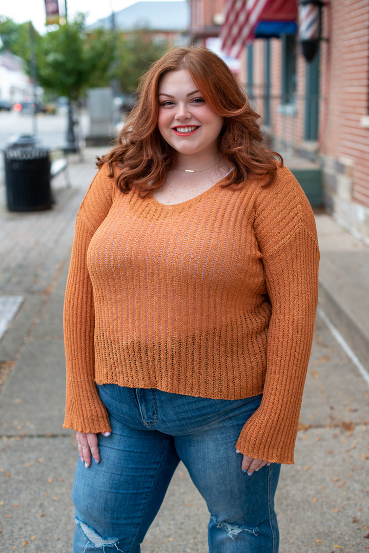 Scoop Neck Ribbed Knit Sweater in Rust