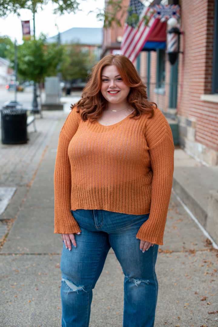 Scoop Neck Ribbed Knit Sweater in Rust