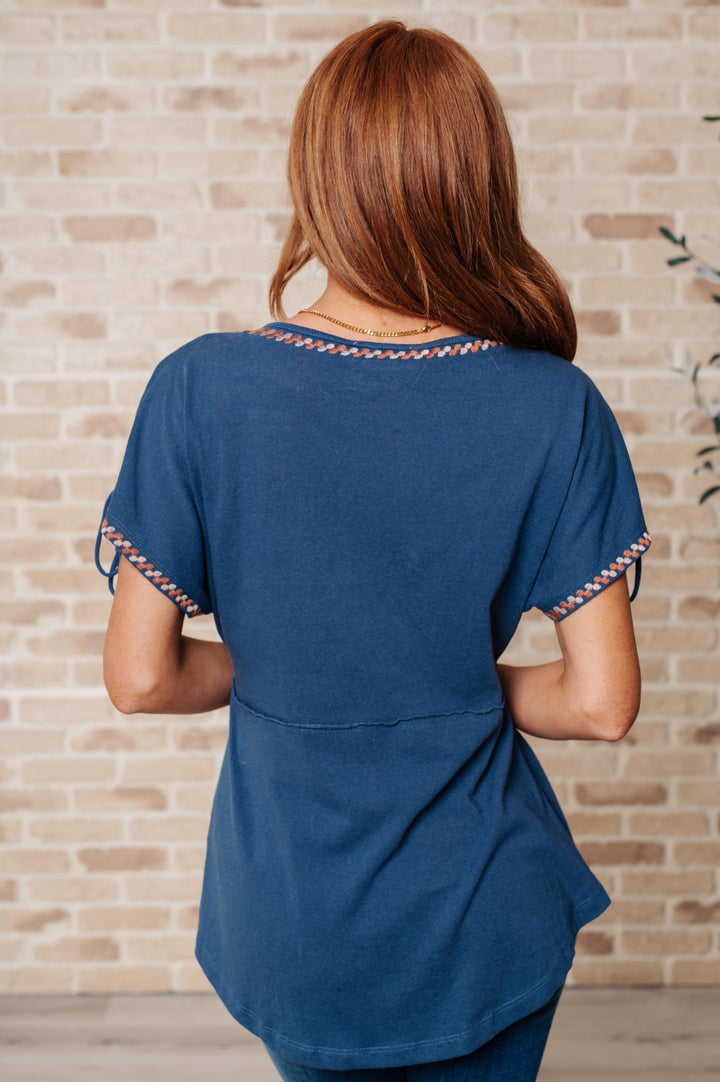 Carefree Days Embroidered V-Neck Blouse in Steel Blue