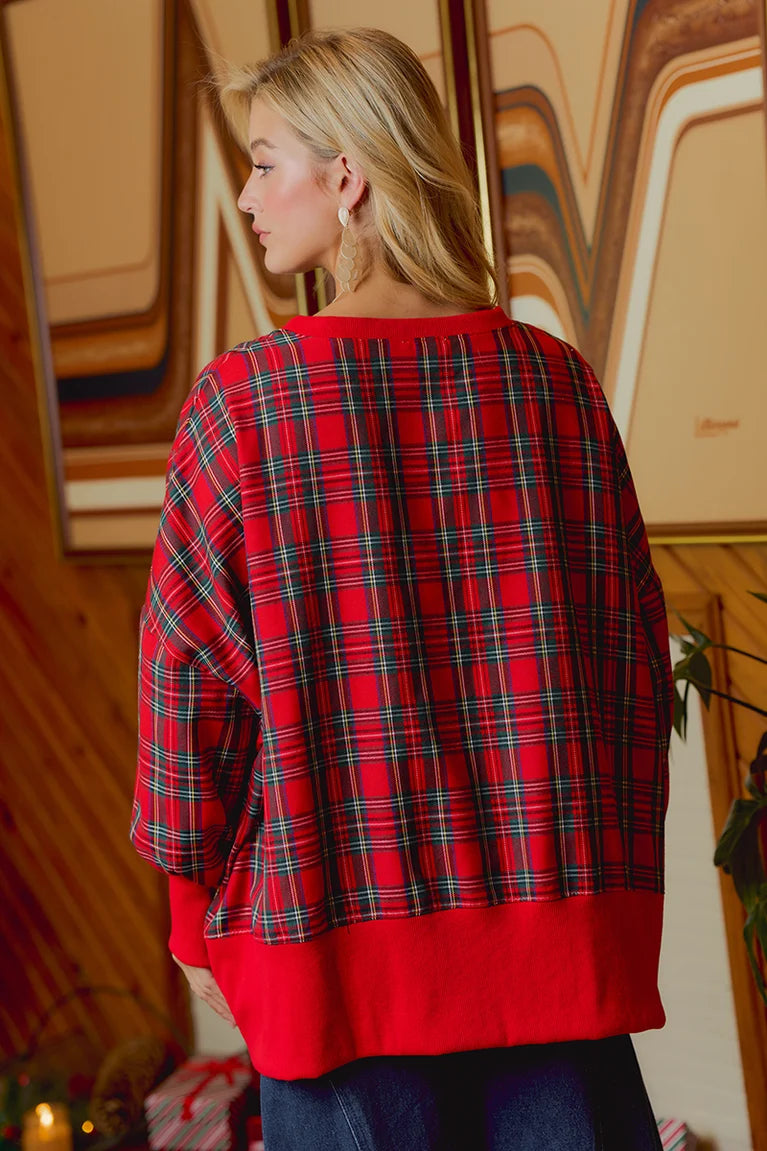 Merry Red Plaid Chenille Patch Long Sleeve Top