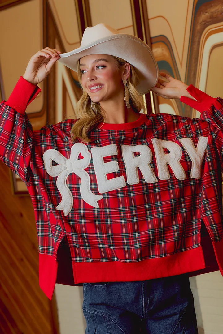 Merry Red Plaid Chenille Patch Long Sleeve Top