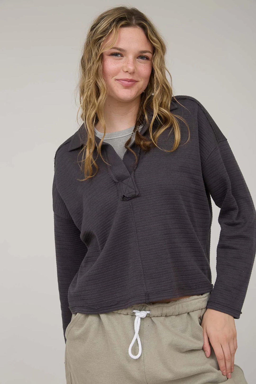 No Doubt Long Sleeve Textured Polo in Charcoal