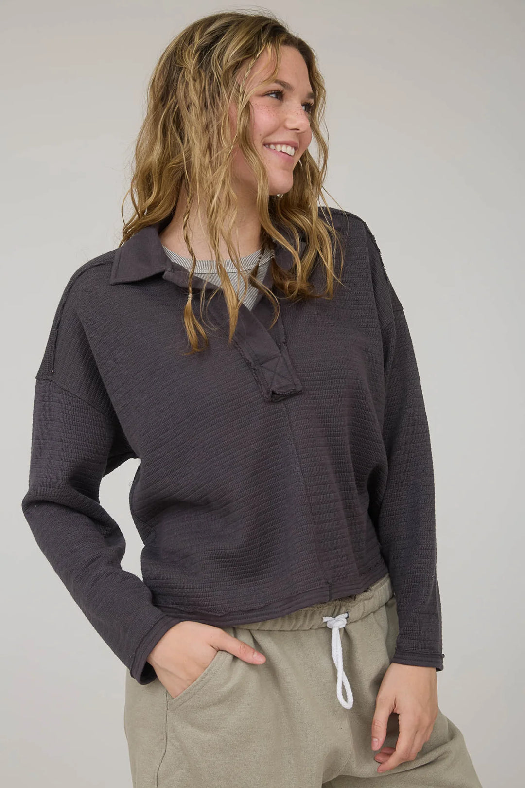 No Doubt Long Sleeve Textured Polo in Charcoal