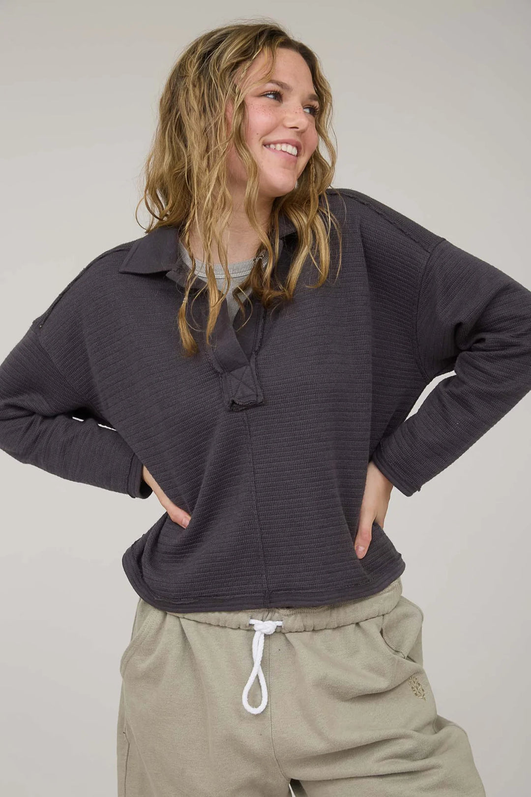 No Doubt Long Sleeve Textured Polo in Charcoal