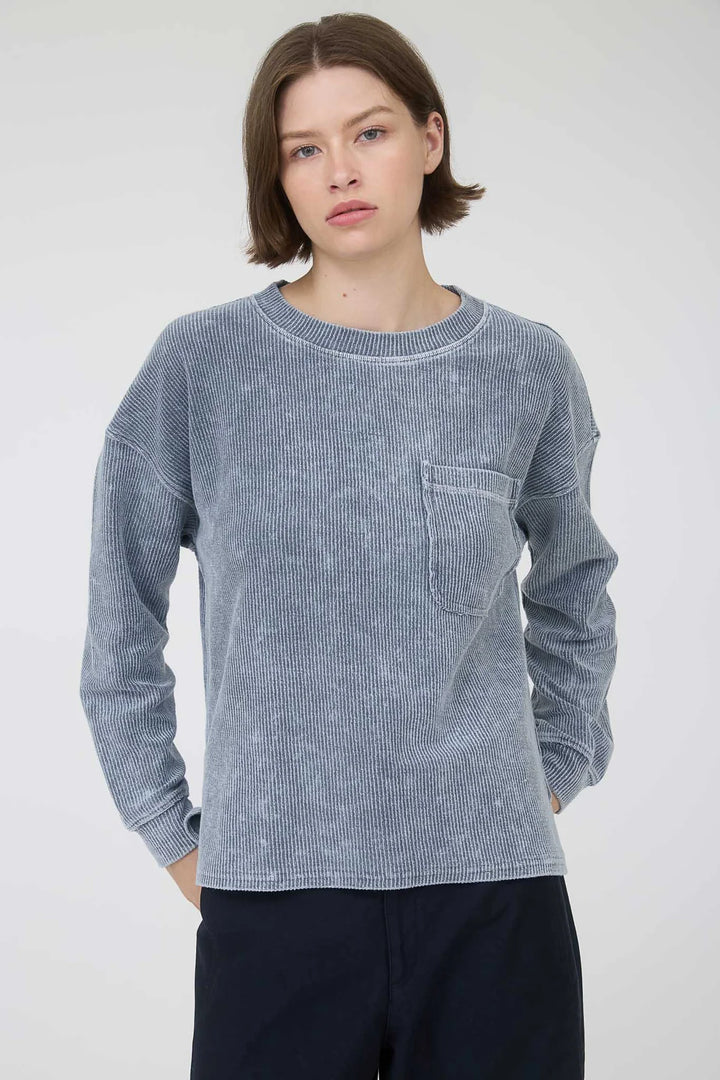 Remember Me Washed Pocket Detail Long Sleeve Rib Knit Top in Denim