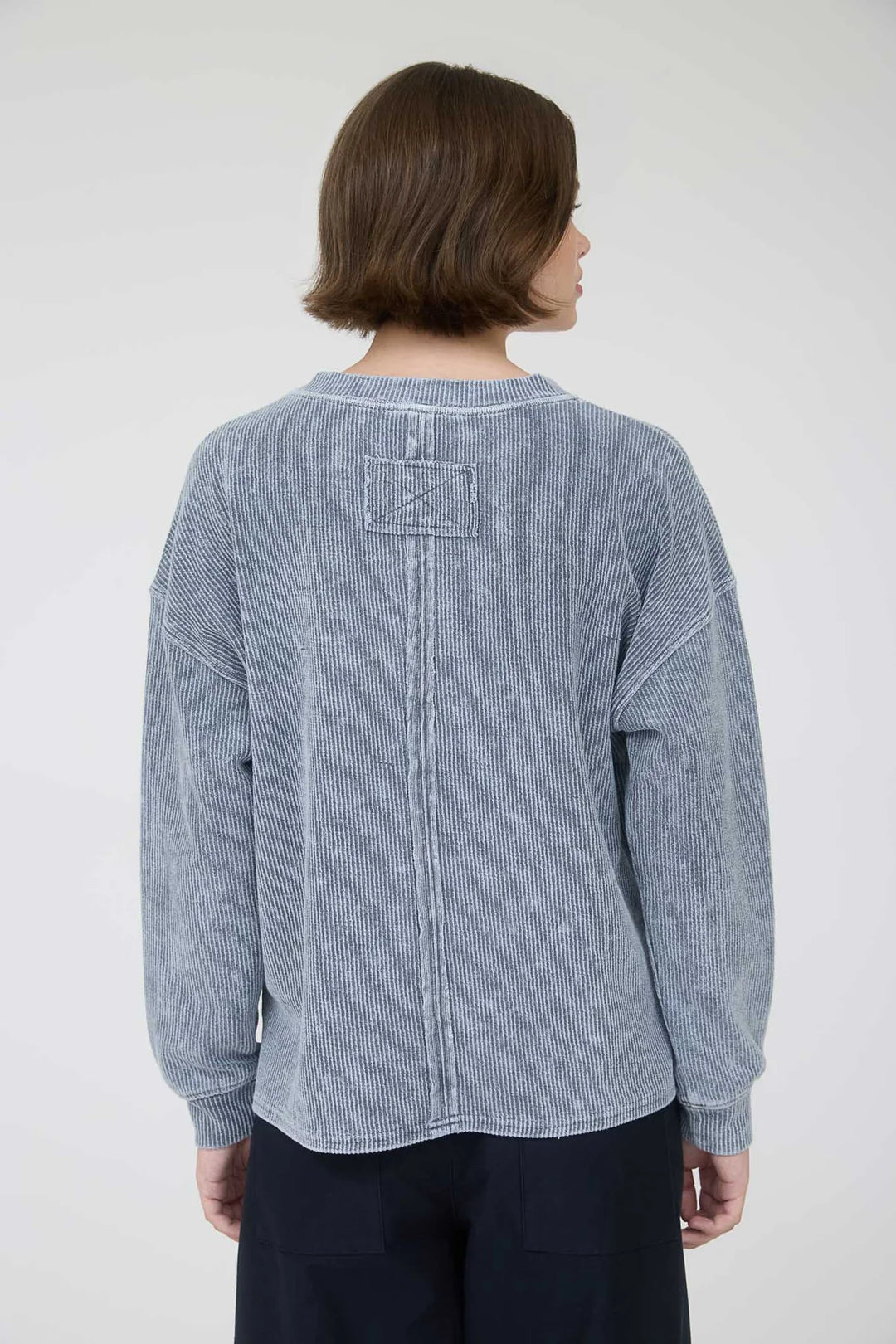 Remember Me Washed Pocket Detail Long Sleeve Rib Knit Top in Denim