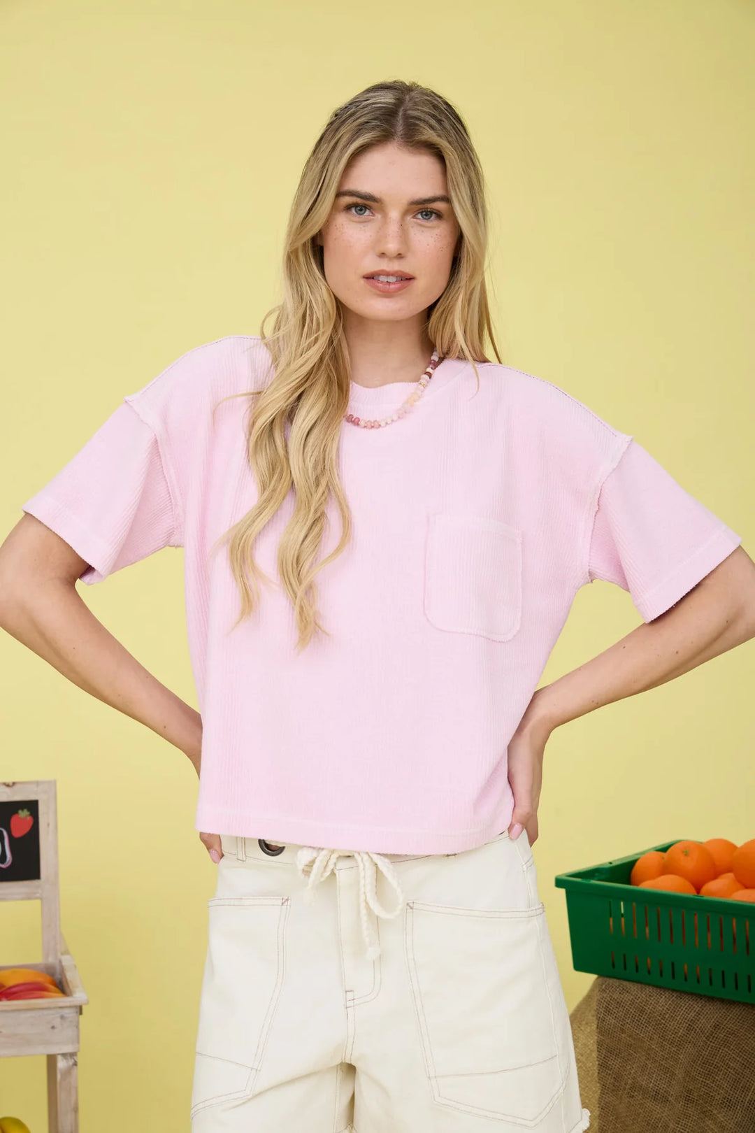 Out Of Town Ribbed Pocket Short Sleeve Top in Light Pink