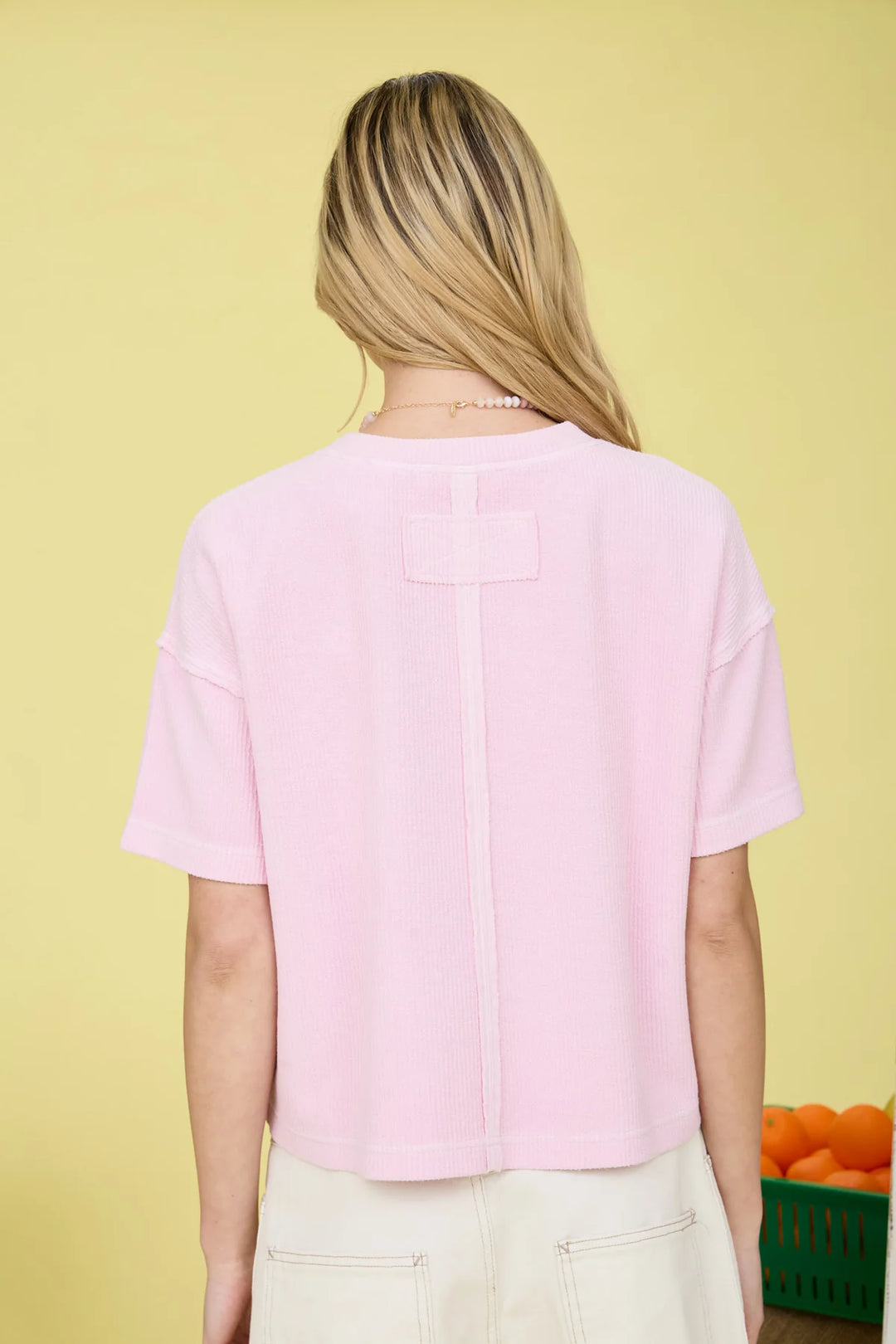 Out Of Town Ribbed Pocket Short Sleeve Top in Light Pink