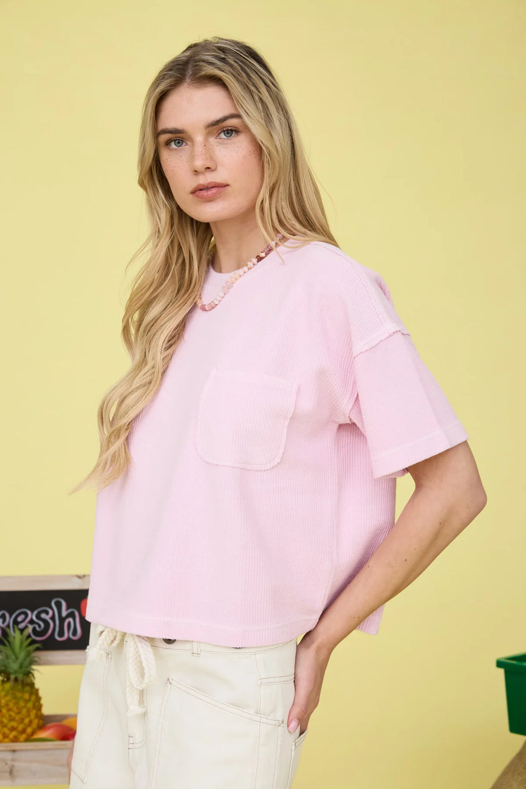 Out Of Town Ribbed Pocket Short Sleeve Top in Light Pink