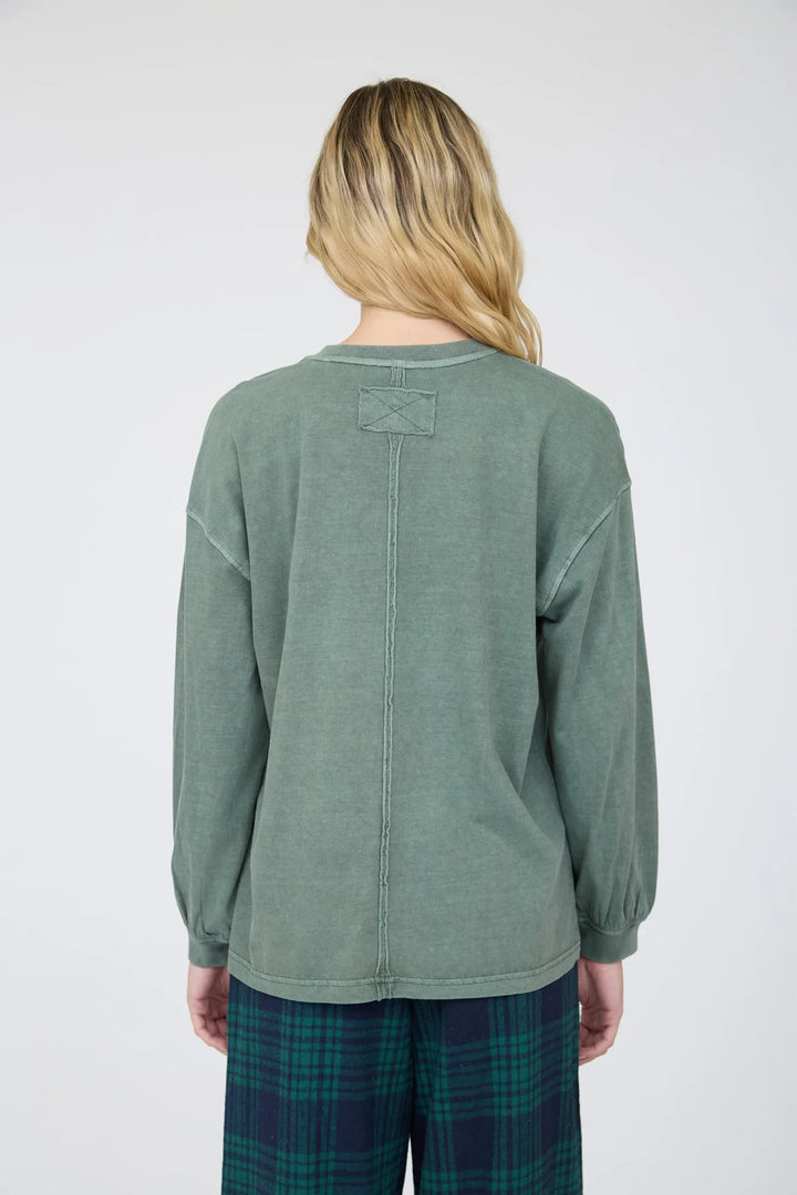 Fall Feeling Washed Crew Neck Long Sleeve Top in Green