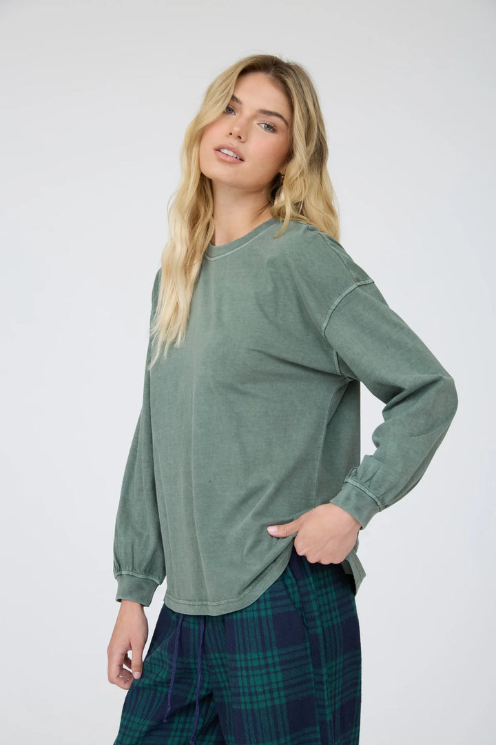 Fall Feeling Washed Crew Neck Long Sleeve Top in Green
