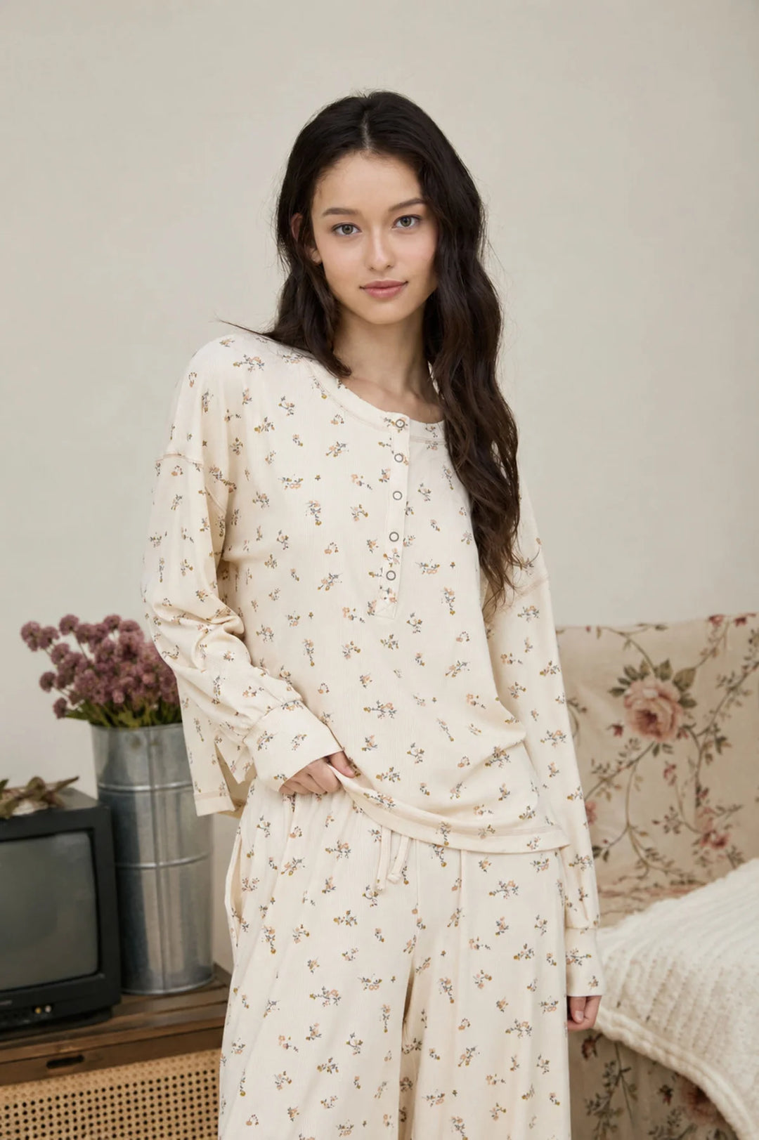 Ditsy Floral Boxy Henley Long Sleeve