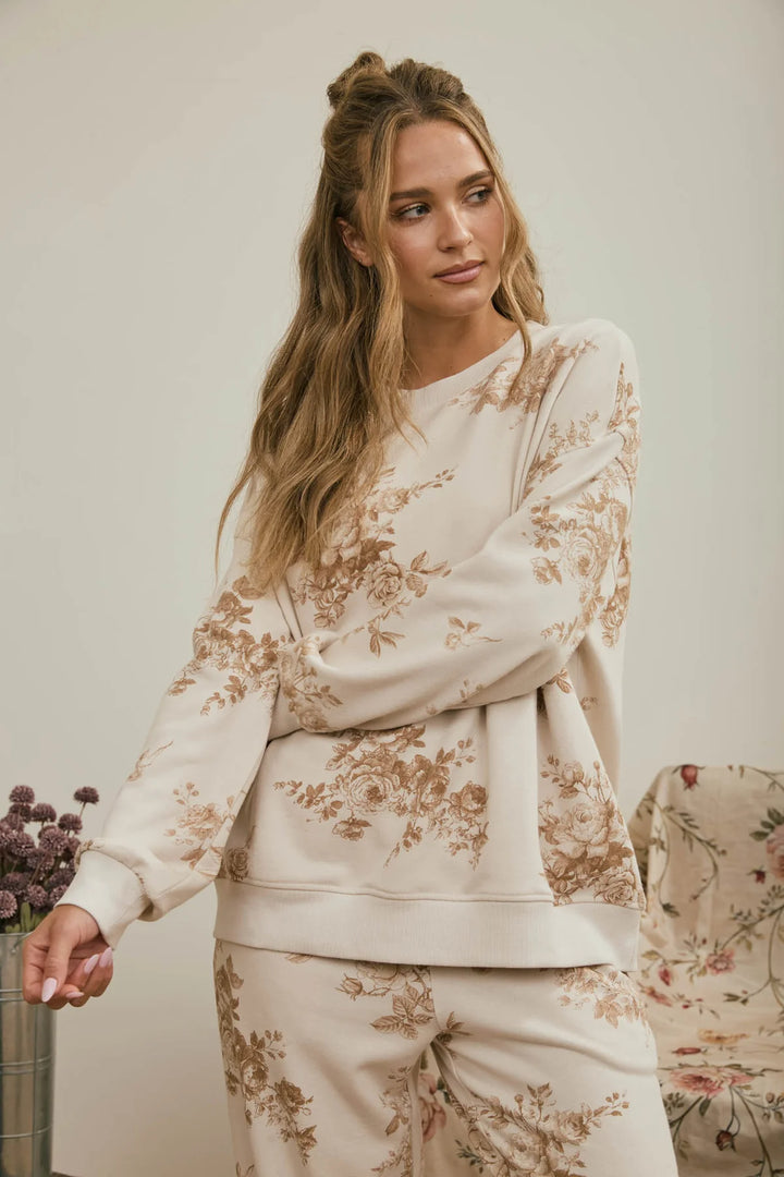 Currently Obsessed Floral Long Sleeve Crewneck in Brown and Cream