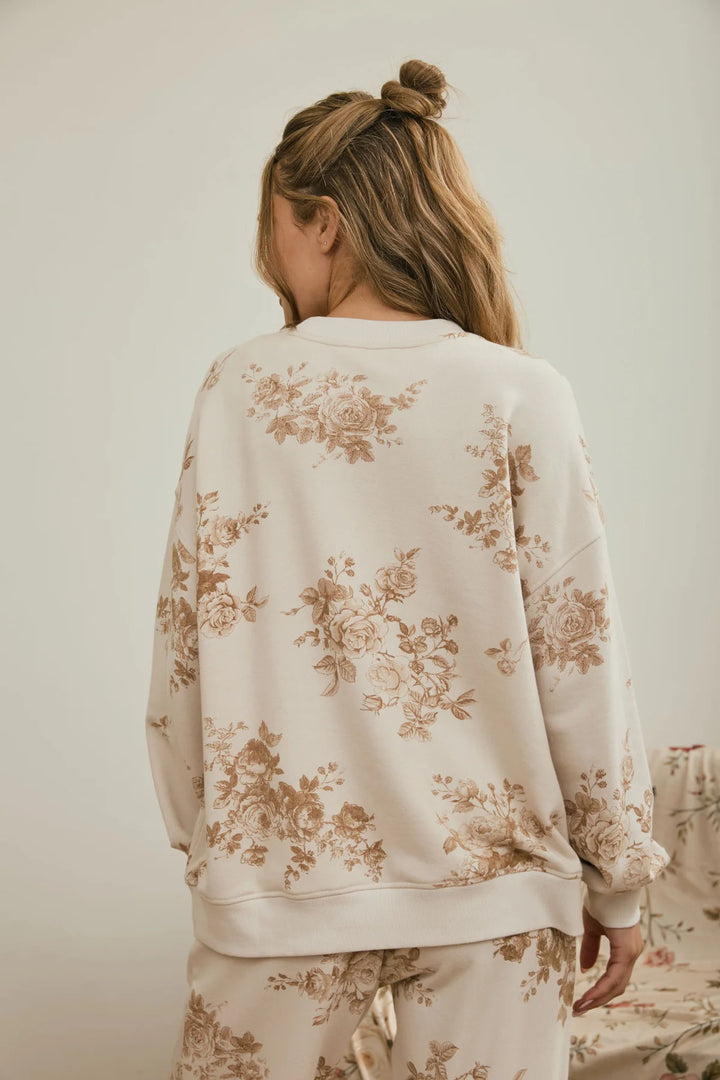 Currently Obsessed Floral Long Sleeve Crewneck in Brown and Cream
