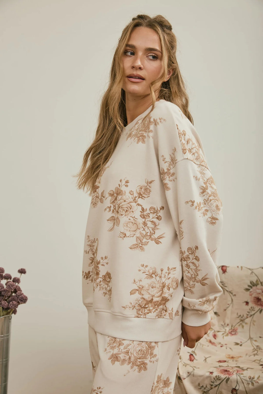 Currently Obsessed Floral Long Sleeve Crewneck in Brown and Cream