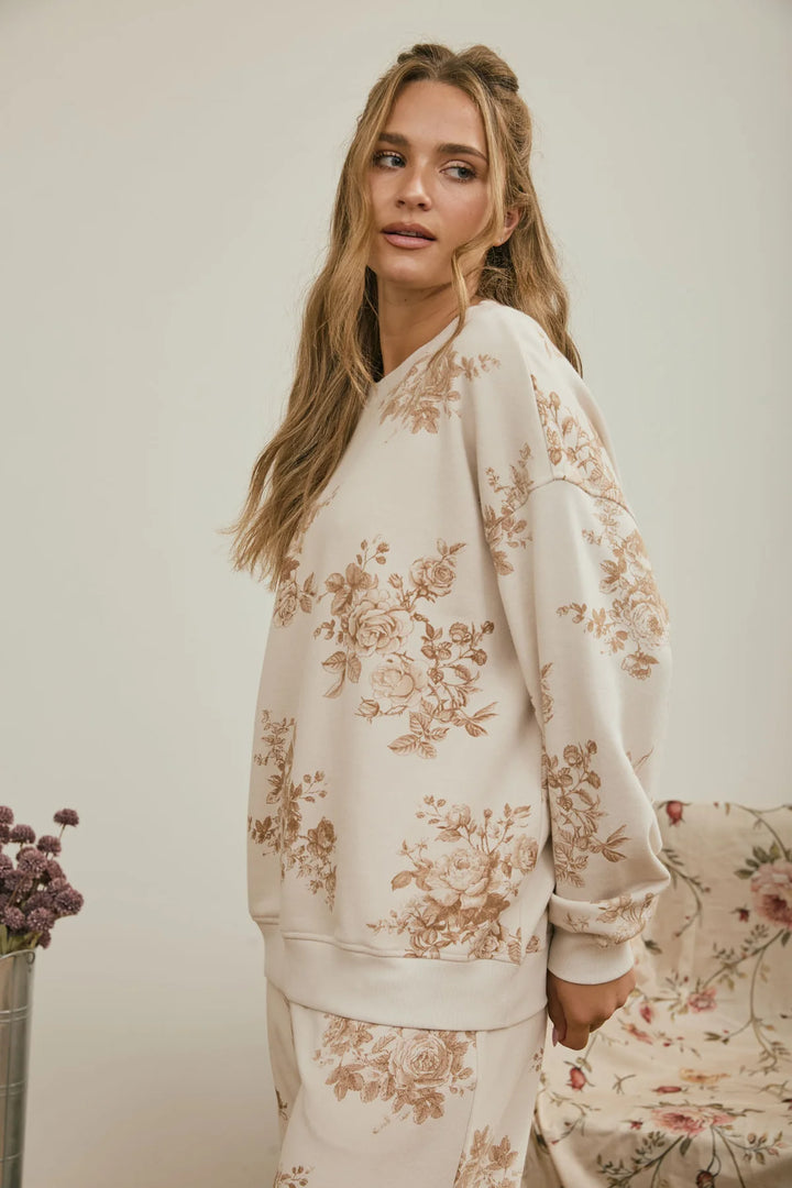 Currently Obsessed Floral Long Sleeve Crewneck in Brown and Cream
