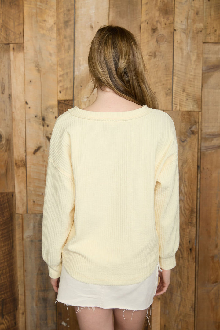 In The Details Ribbed Henley Long Sleeve Top In Butter Yellow