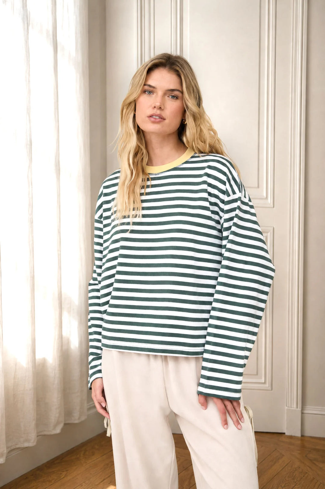 Weekend Stripes Color Block Neck Trim Long Sleeve Knit Top