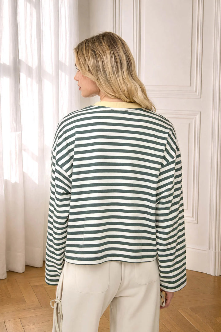 Weekend Stripes Color Block Neck Trim Long Sleeve Knit Top