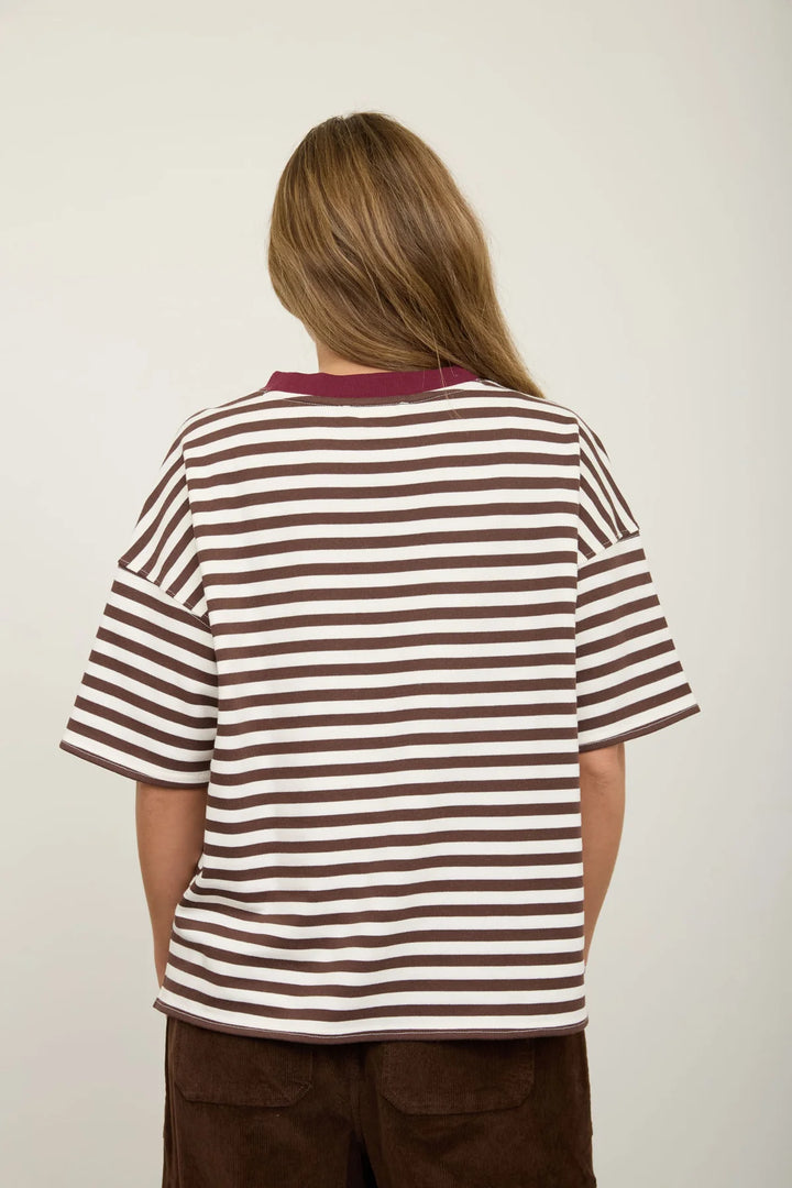 It's a Keeper Striped Brown and White Short Sleeve Top