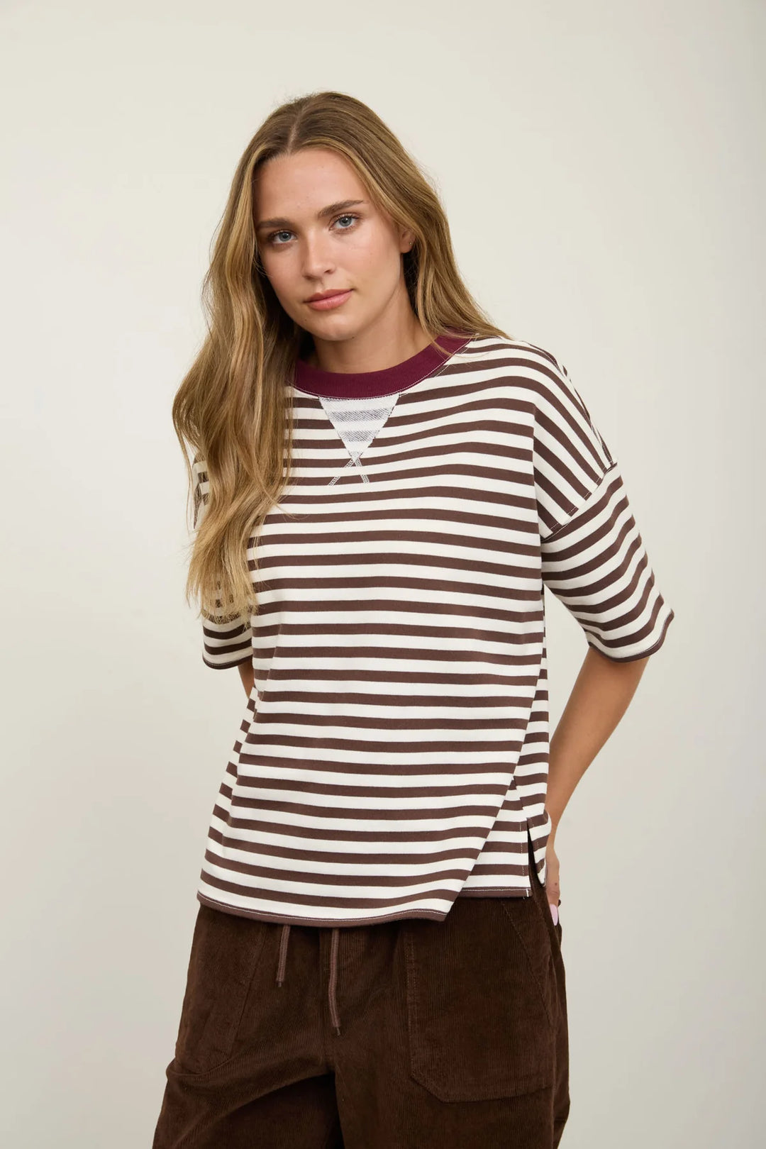 It's a Keeper Striped Brown and White Short Sleeve Top