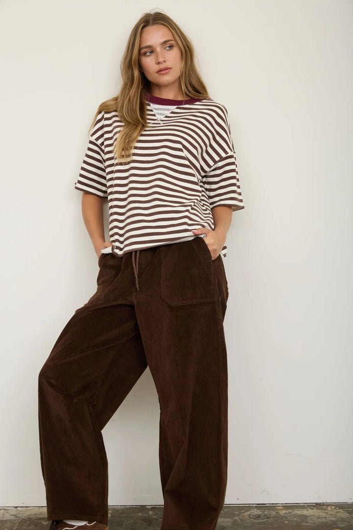 It's a Keeper Striped Brown and White Short Sleeve Top
