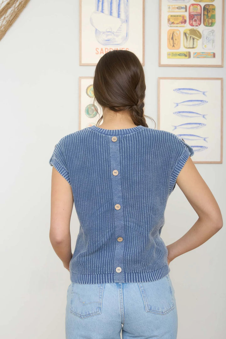 Tell Me Everything Acid Washed Short Sleeve Sweater in Blue