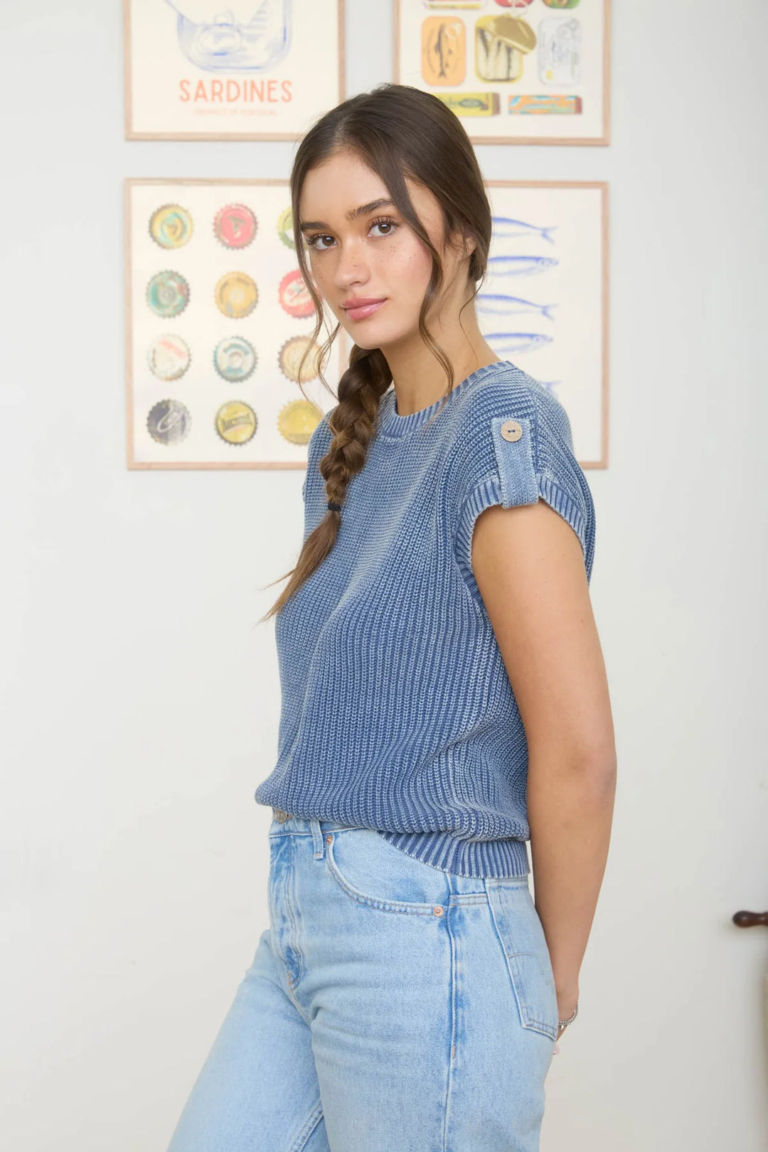 Tell Me Everything Acid Washed Short Sleeve Sweater in Blue