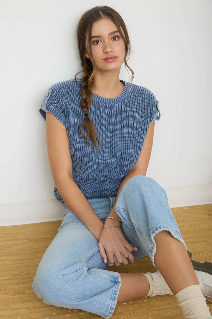 Tell Me Everything Acid Washed Short Sleeve Sweater in Blue