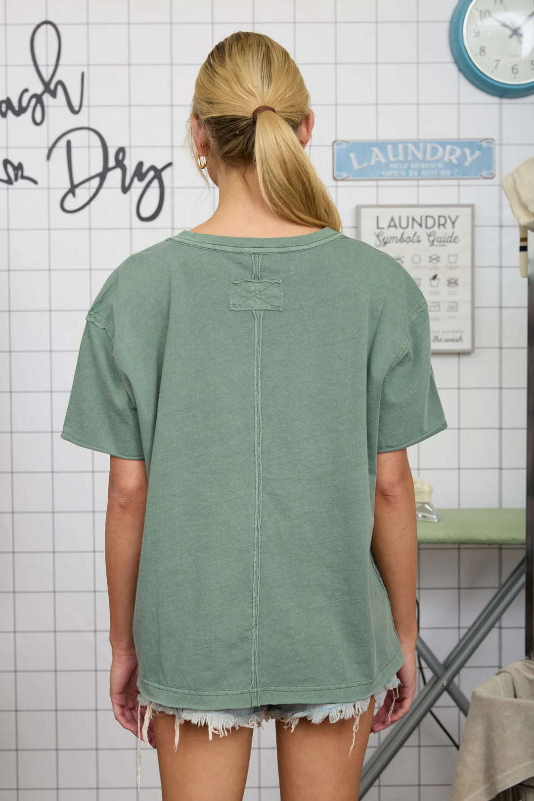 Lucky Starlet Washed Relaxed Short Sleeve V Neck Top In Green