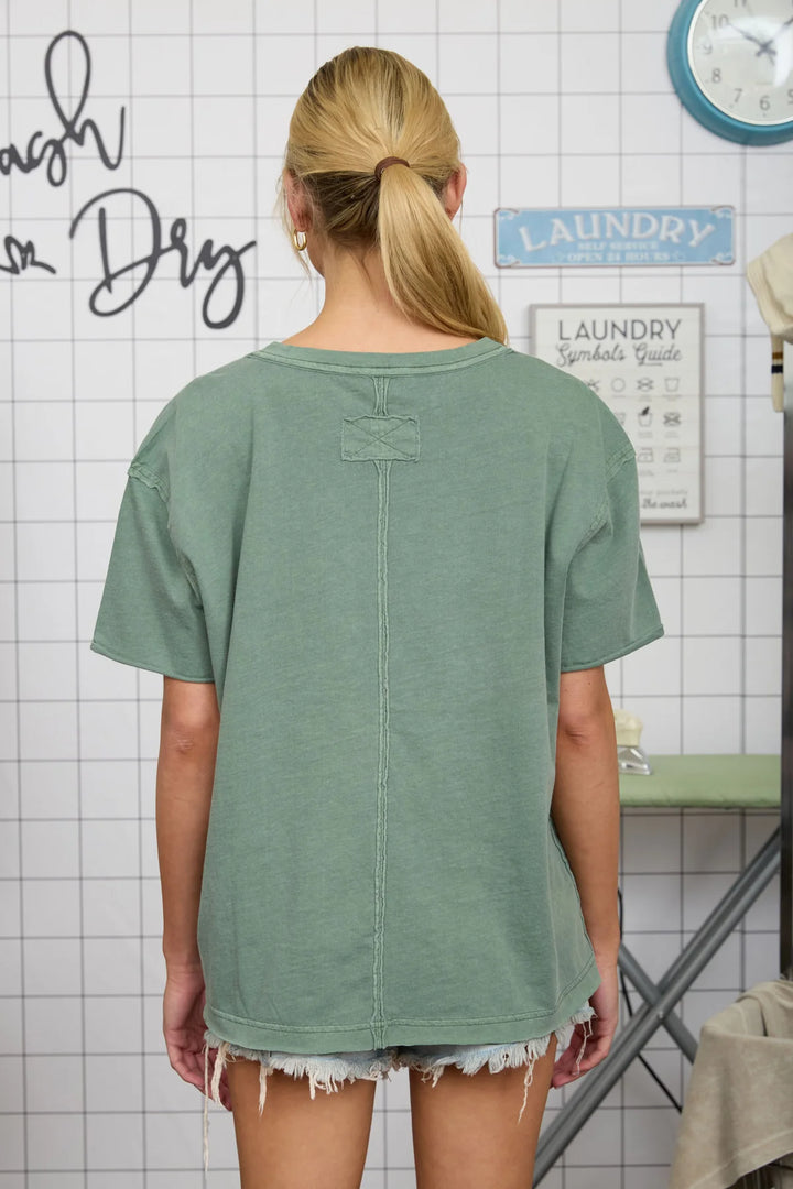 Lucky Starlet Washed Relaxed Short Sleeve V Neck Top In Green