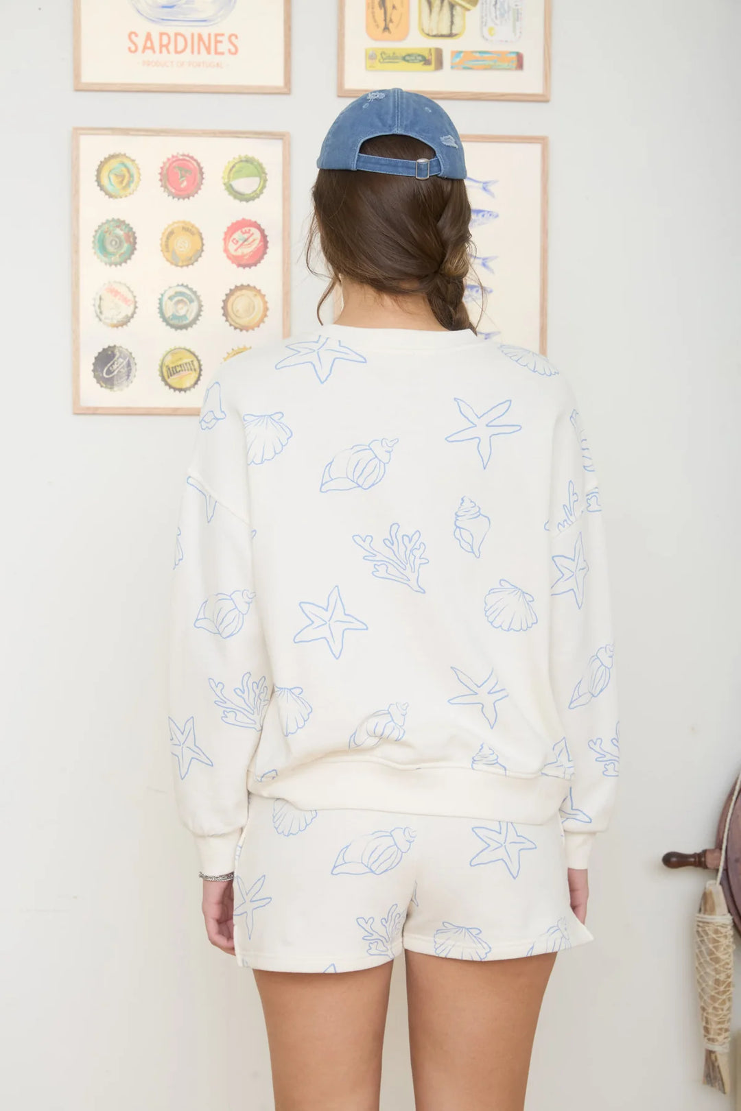 On the Water Nautical Print Shorts and Long Sleeve Set in Ivory/Blue