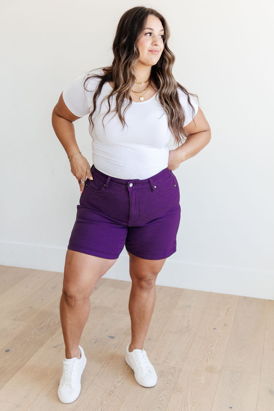 Bria High Rise Control Top Cuffed Shorts in Purple