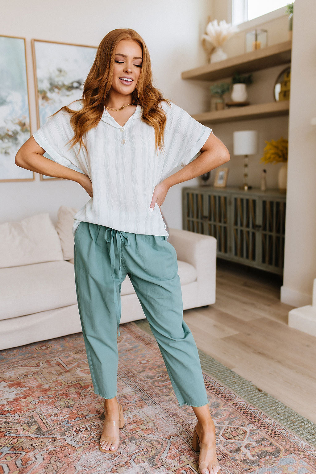 Just What I Needed White and Green Striped Short Sleeve Blouse