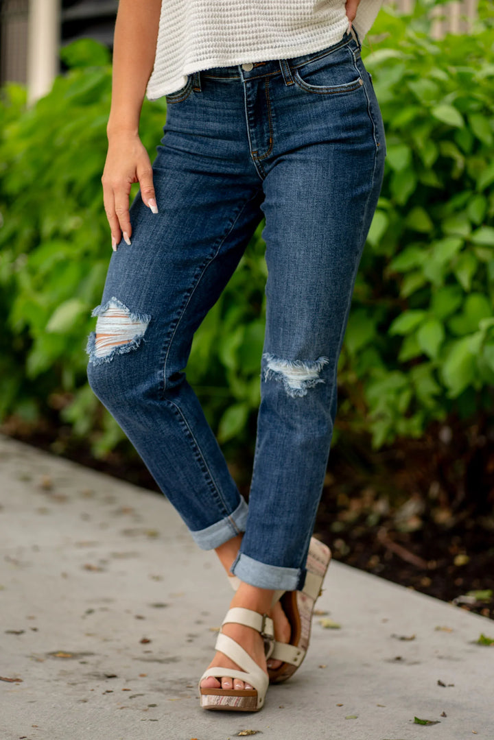 Colette Dark Wash Mid Rise Distressed Slim Fit Jeans by Judy Blue
