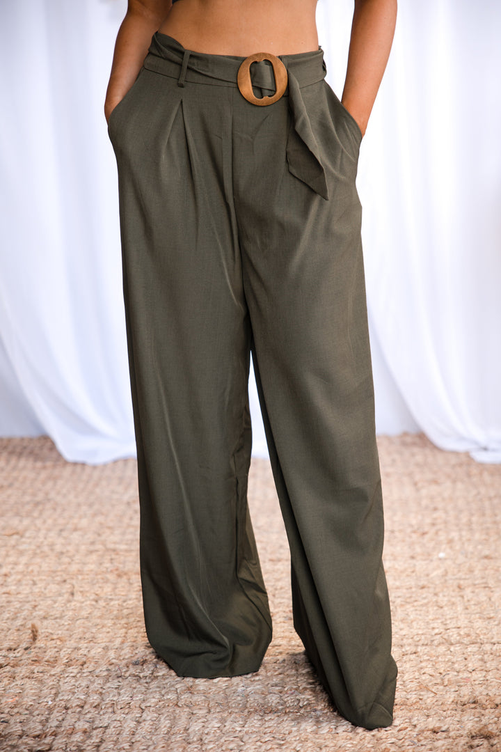 Out for the Day Belted Wide Leg Pants in Olive