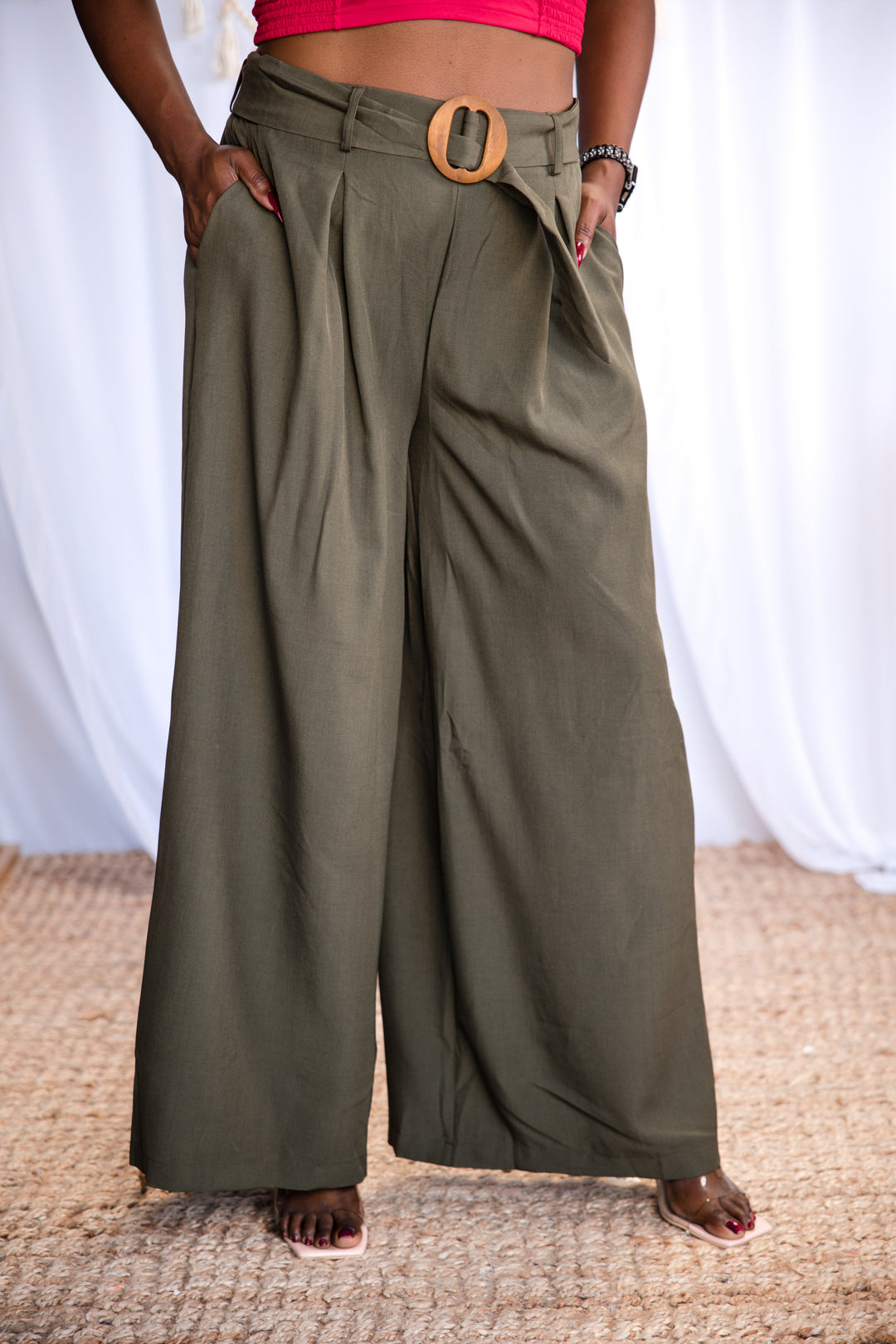 Out for the Day Belted Wide Leg Pants in Olive