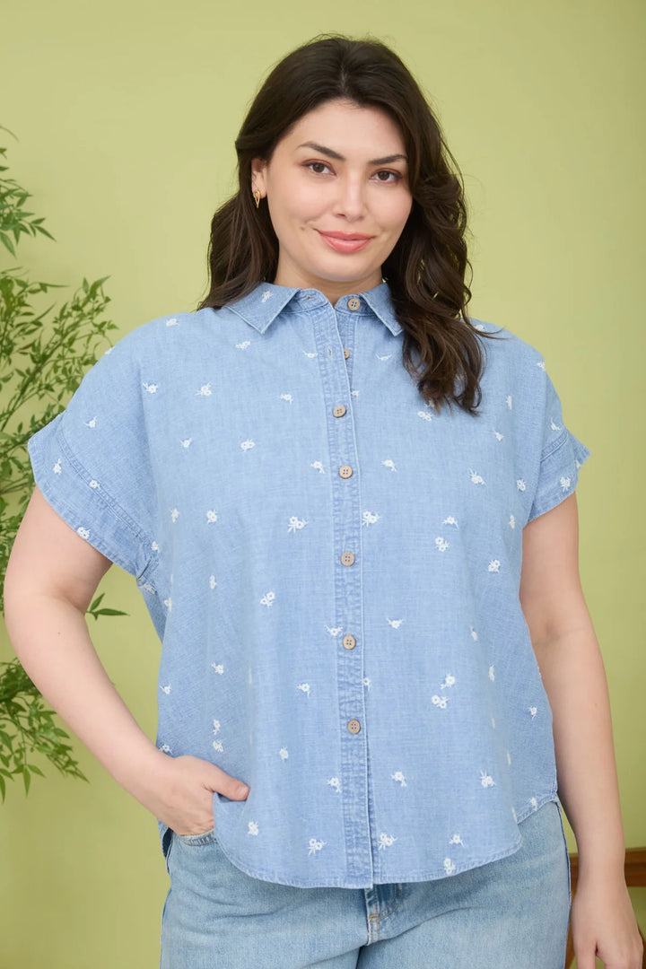 2 Steps Ahead Plus Embroidered Floral Pattern Button Down In Chambray