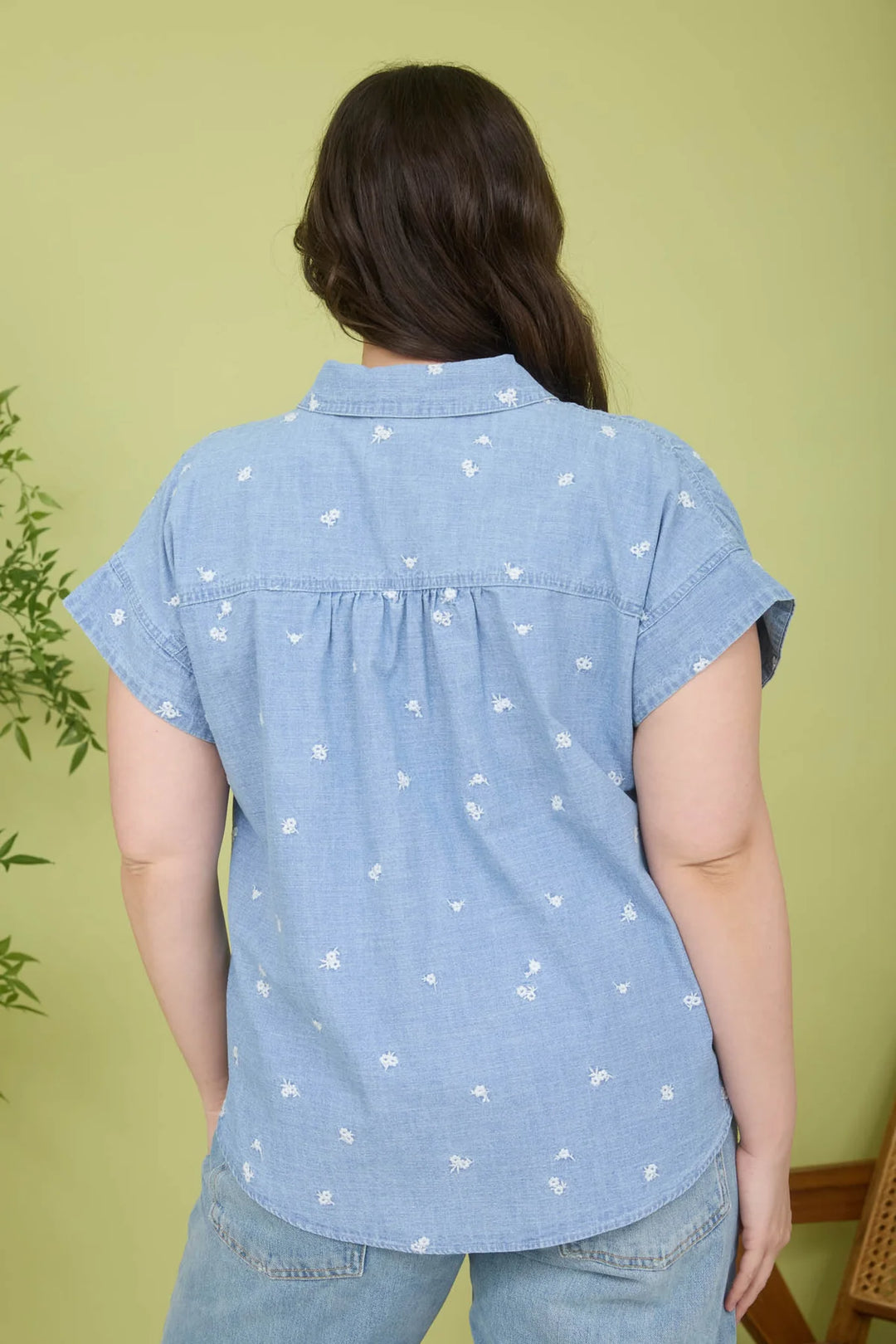 2 Steps Ahead Plus Embroidered Floral Pattern Button Down In Chambray