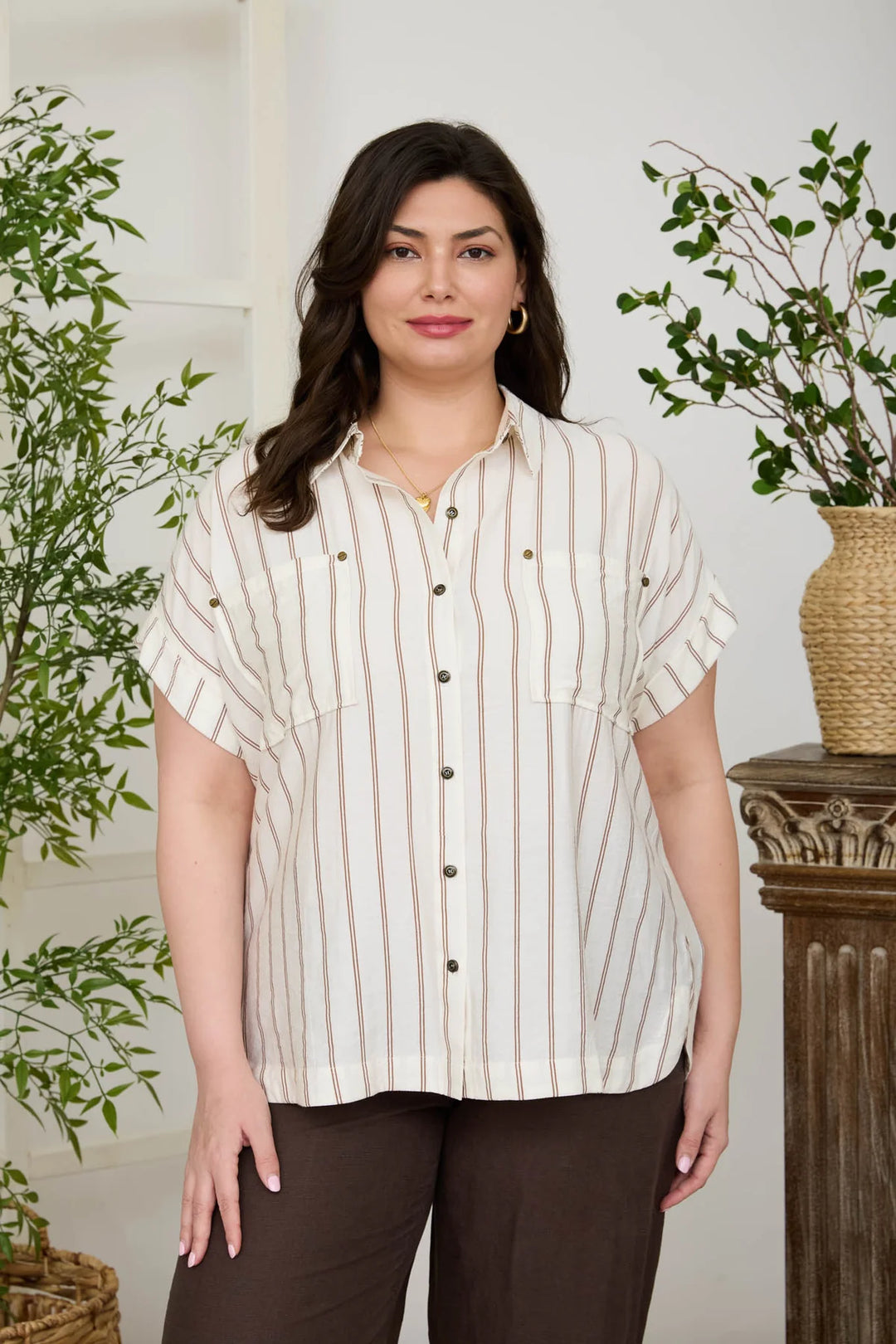 From Here On Button Down Taupe/Ivory Short Sleeve Top